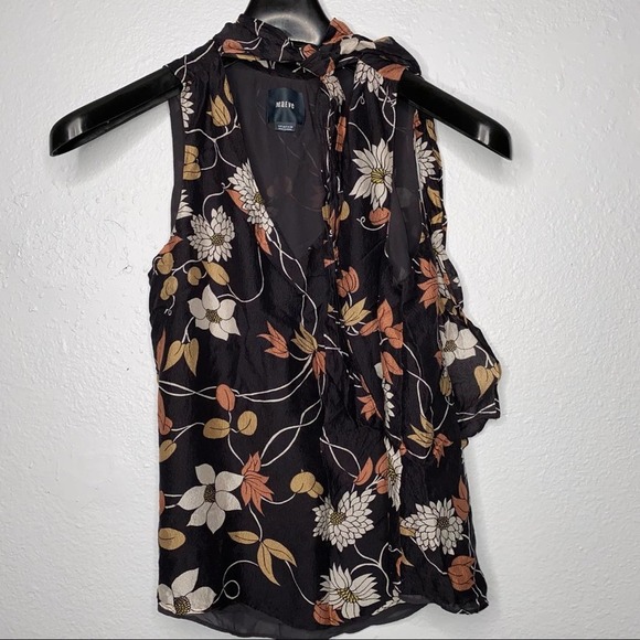 Maeve Tops - Maeve Black Brown Floral Sheer Short Sleeve Halter Neck Top Blouse